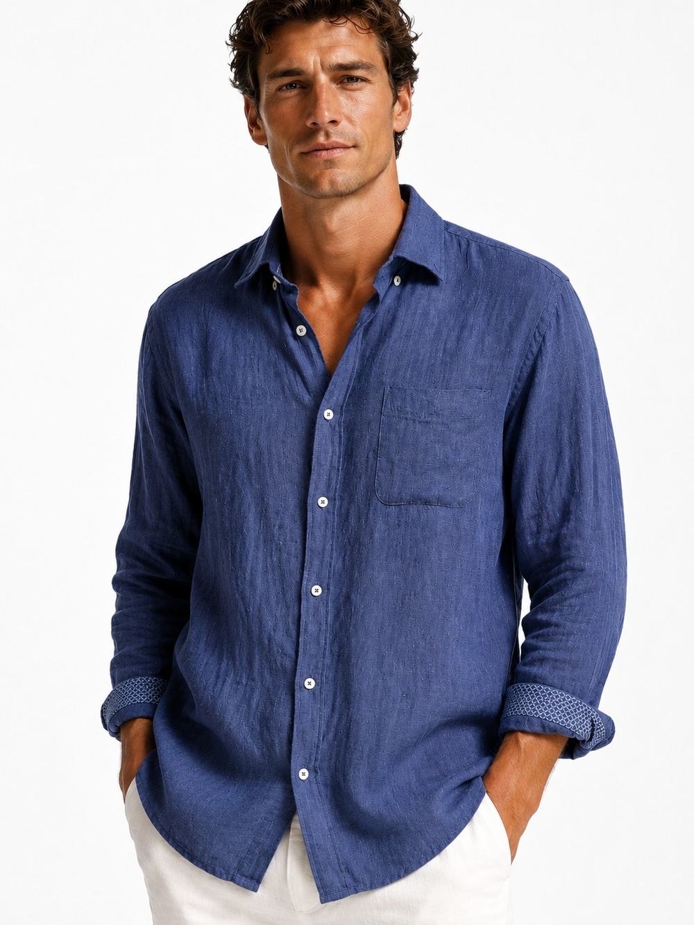 Porter & Ash 100% Linen Blue Button Down Shirt Men’s Small quiet luxury coastal
